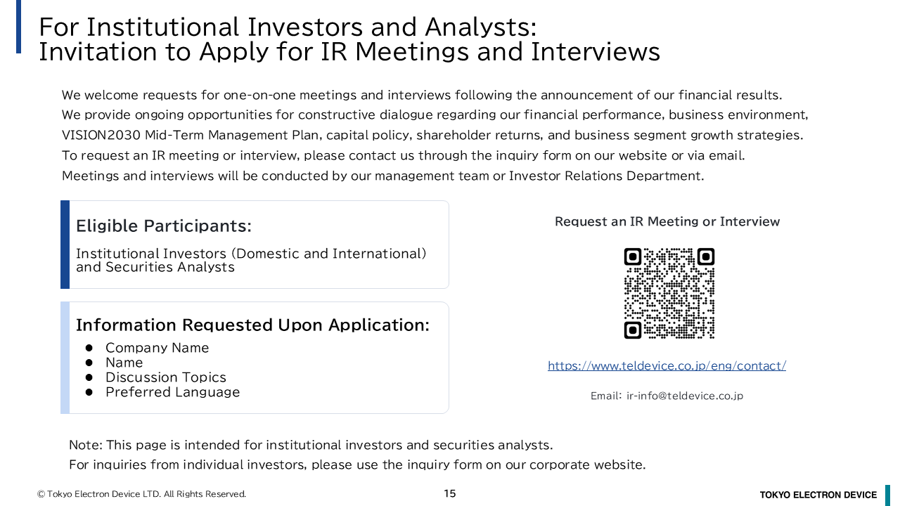 For Institutional Investors and Analysis: Invitation to Apply for IR Meetings and Interviews